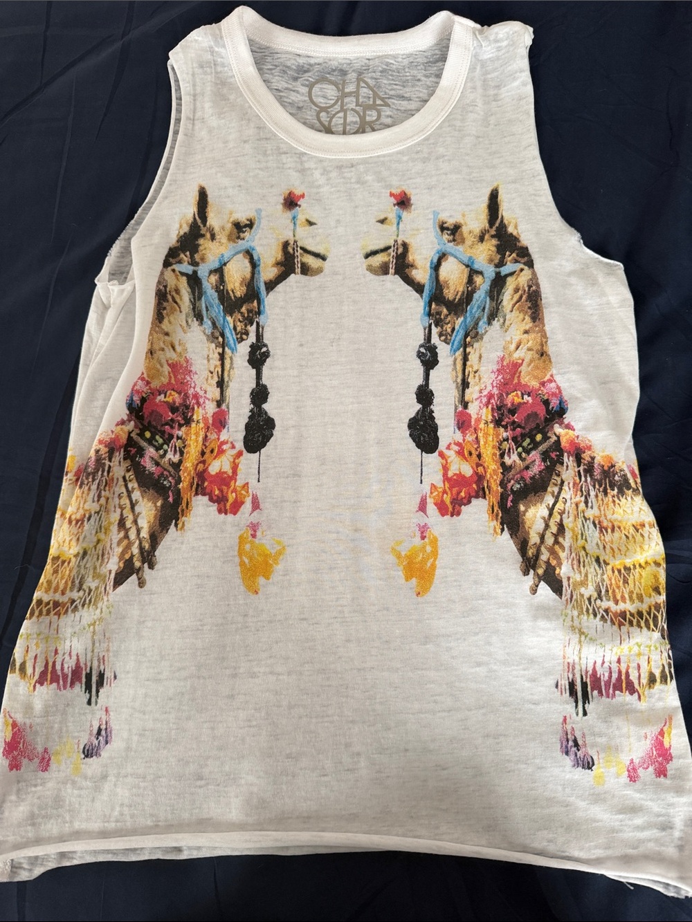 Chaser White Tank Top with Multicolor Camel Graphic